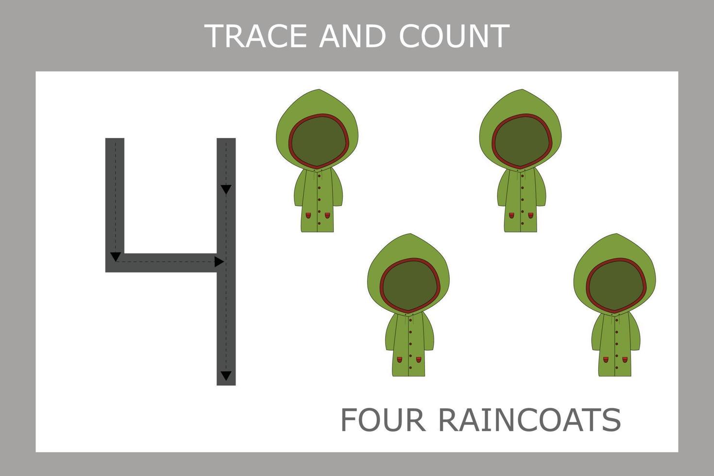 ein Spiel, bei dem man mit Regenmänteln die Umrisse der Zahl Vier nachzeichnet. vorschularbeitsblatt, kinderaktivitätsblatt, druckbares arbeitsblatt vektor