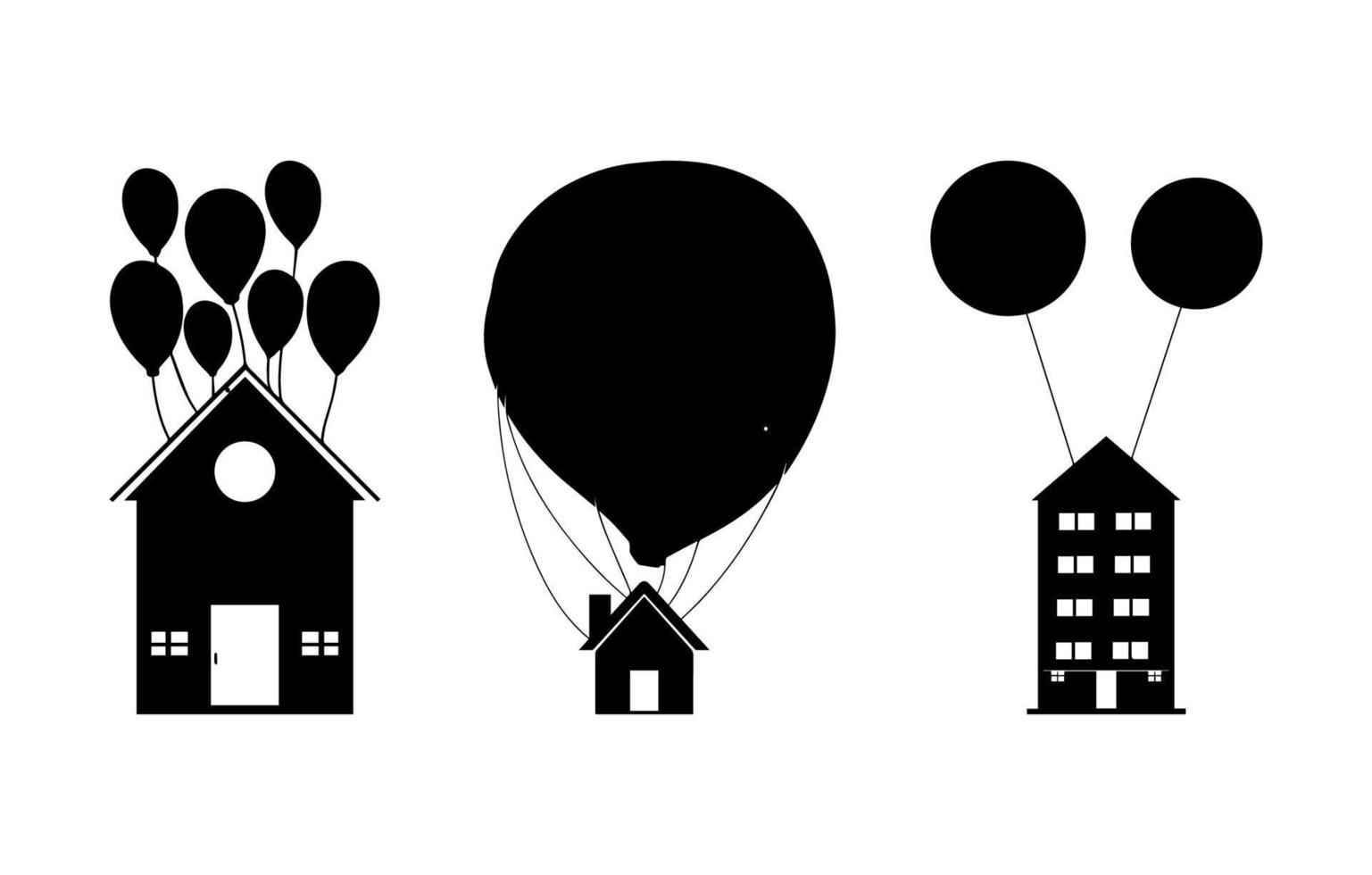 sammlung von fliegendem haus mit ballonsilhouette vektor