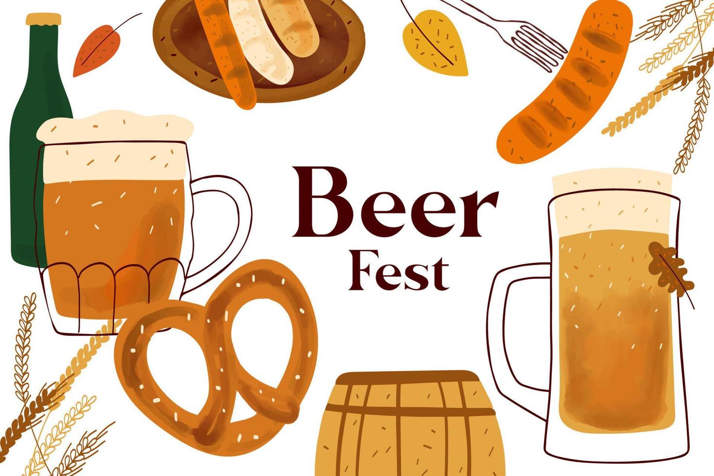 Kartendesign mit stilisierten Illustrationskrügen Bier, Brezelsnack und Grillwurst und Textbierfest auf weißem Hintergrund vektor