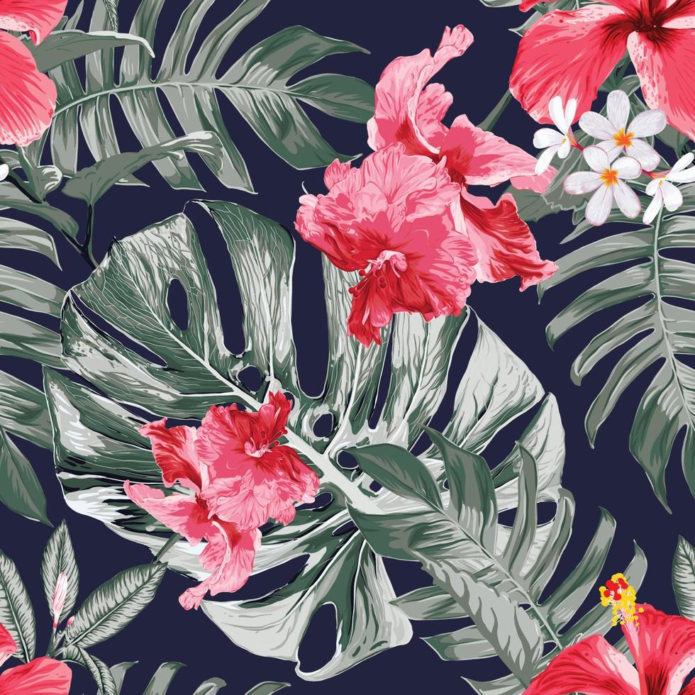 sömlös mönster hibiskusand frangipani blommor monstera grön blad bakgrund.vektor illustration torr vattenfärg hand teckning stlye.tyg design textil vektor