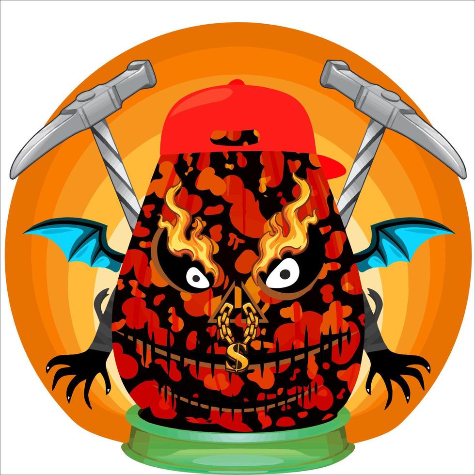 gruseliger Party-Halloween-Kürbiskopf. Kürbisgesicht mit Waffe hinten. geeignet für E-Sport-Logo, T-Shirt und andere Drucksachen. vektor