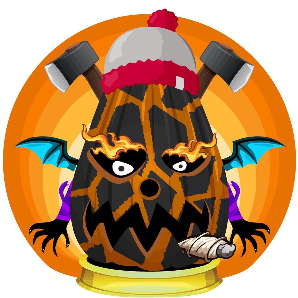 kuslig fest halloween pumpa huvud med vapen i de Bakom. halloween pumpa ansikte. lämplig för e sport logotyp, t skjorta och andra vektor