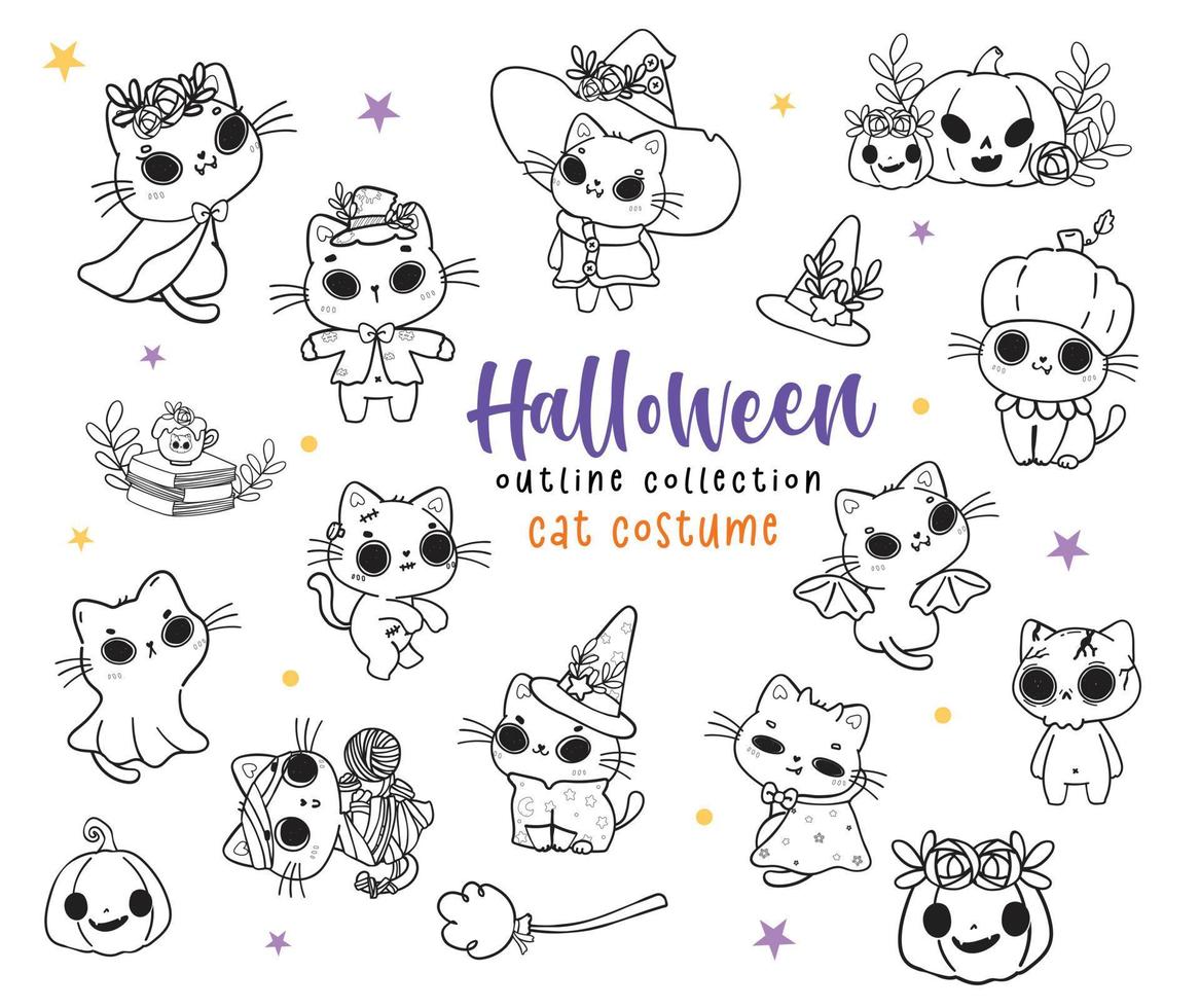 süßes Halloween-Kätzchen, kawaii Katze Halloween-Kostüm-Set Cartoon-Umriss-Doodle-Set-Vektor für Malbuch vektor