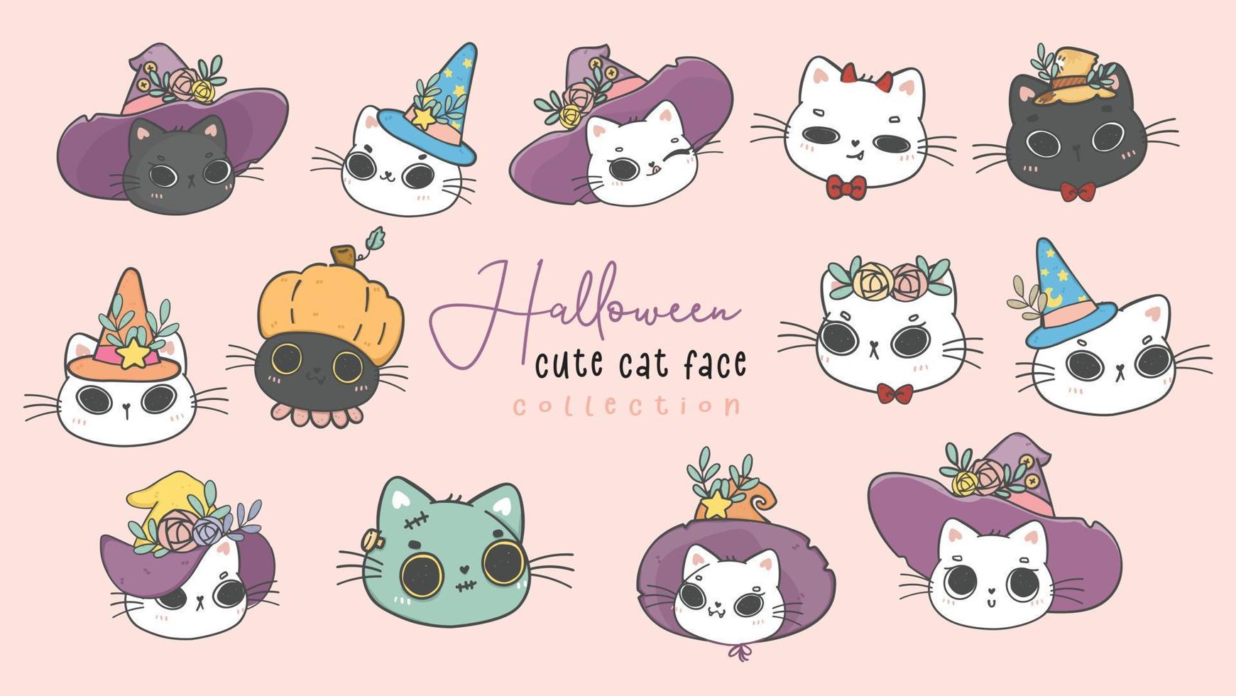 süße kätzchen katze hexe halloween gesicht kopf umriss sammlung cartoon zeichnung vektor