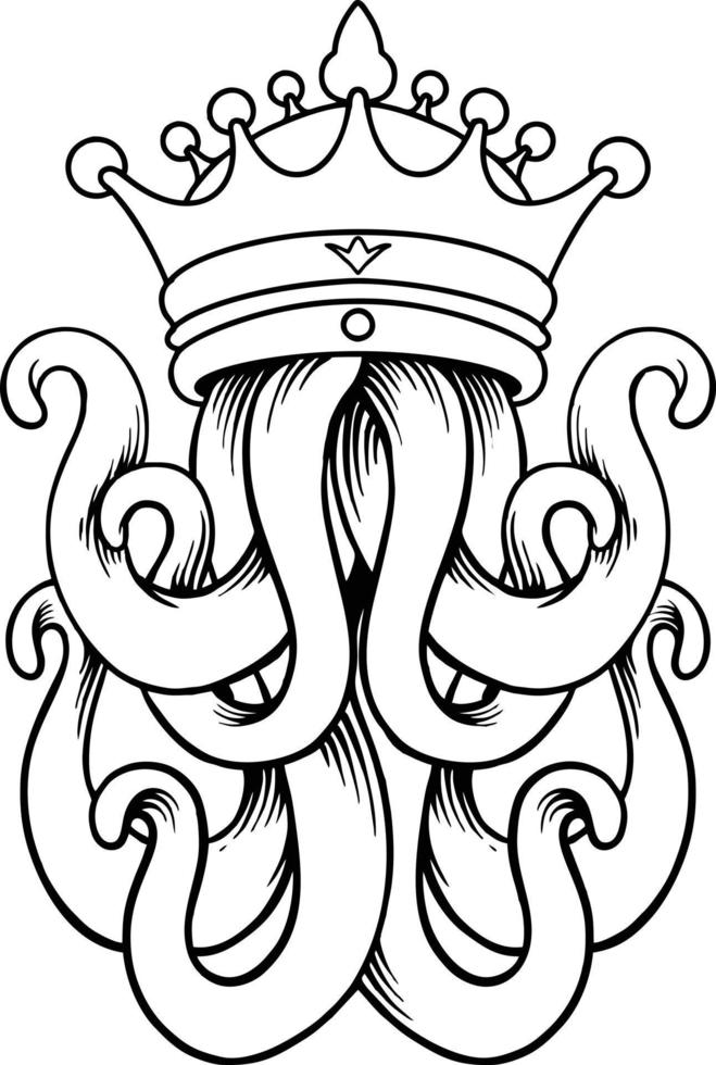 King Crown Octopus monochrome Vektorillustrationen für Ihr Arbeitslogo, Maskottchen-Waren-T-Shirt, Aufkleber und Etikettendesigns, Poster, Grußkarten, die Unternehmen oder Marken bewerben. vektor