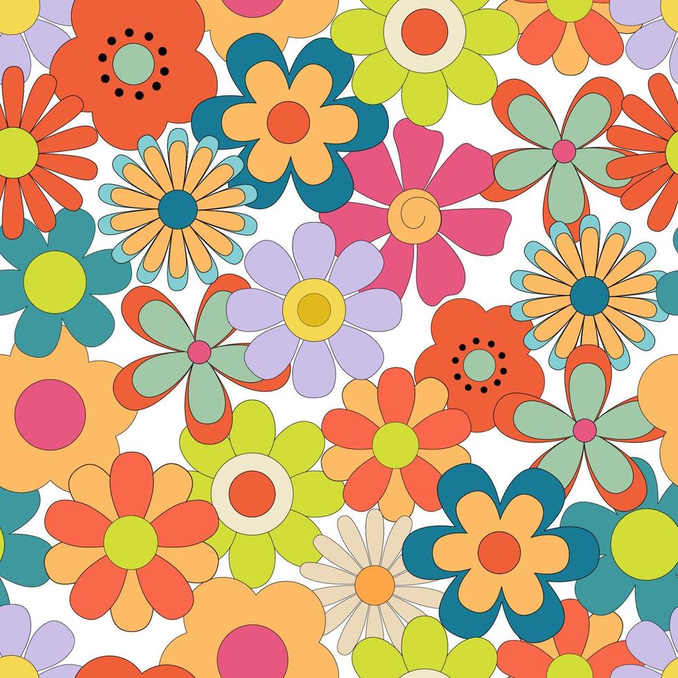 Nahtloses Muster mit groovigen Retro-Blumen. Hippie endloser Hintergrund im Stil der 1970er Jahre. Vektordisco blüht Gänseblümchen auf Weiß vektor