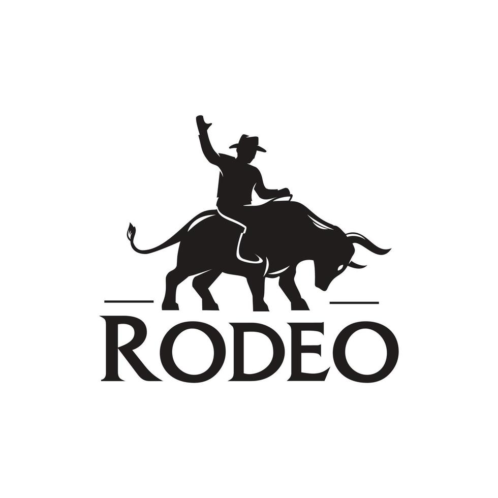 silhuett av cowboy rodeo ridning tjur logotyp ikon detaljerad design illustration i retro årgång stil vektor
