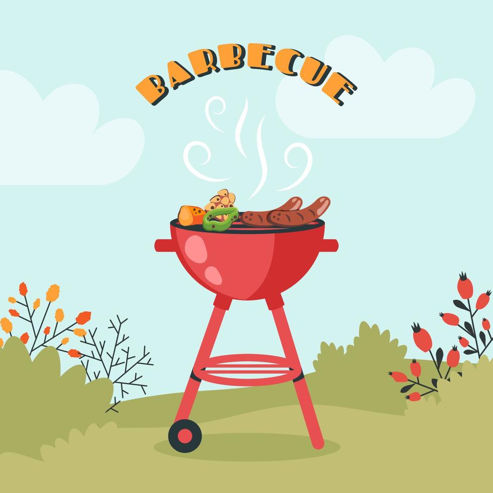 Grillparty. grillhintergrund mit brazier, grill, steaks, fleischgerichten, gegrilltem gemüse zu hause. vektorkarikaturillustration für fahne, feiertagskarte, sommerpicknick, flyer, anzeige, plakat vektor