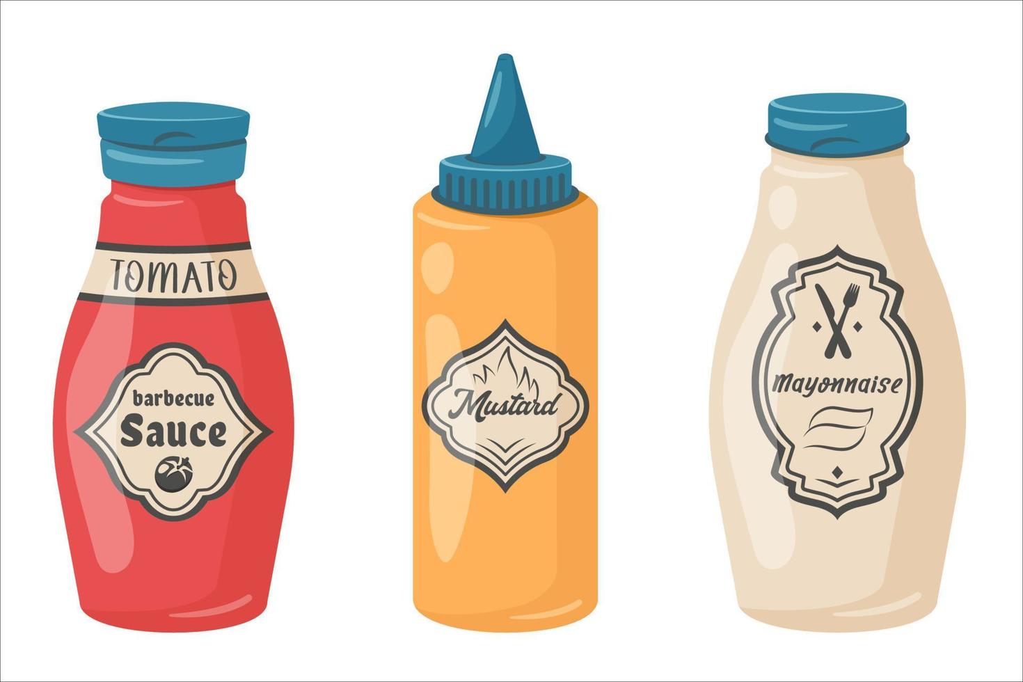 uppsättning av bbq sås flaska isolerat. ketchup, senap och majonnäs. vektor tecknad serie illustration för grilla kort design, sommar picknick