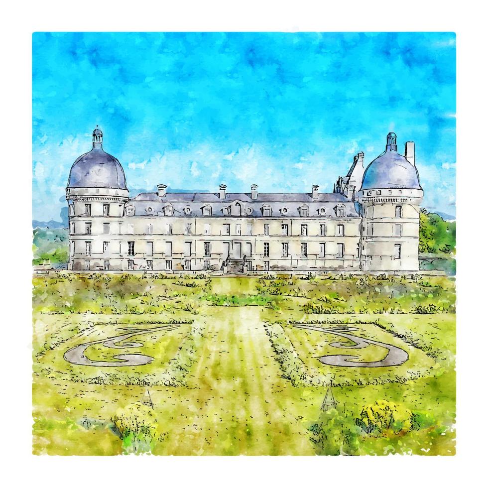 chateau de valencay frankreich aquarellskizze handgezeichnete illustration vektor