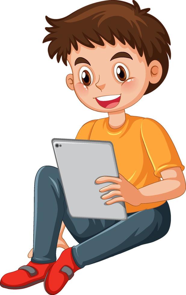 ein Junge mit Tablet-Zeichentrickfigur vektor