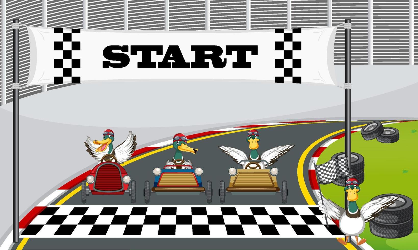 Seifenkisten-Derby-Rennen mit Enten-Zeichentrickfigur vektor