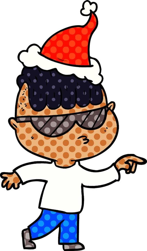 komisk bok stil illustration av en pojke bär solglasögon pekande bär santa hatt vektor