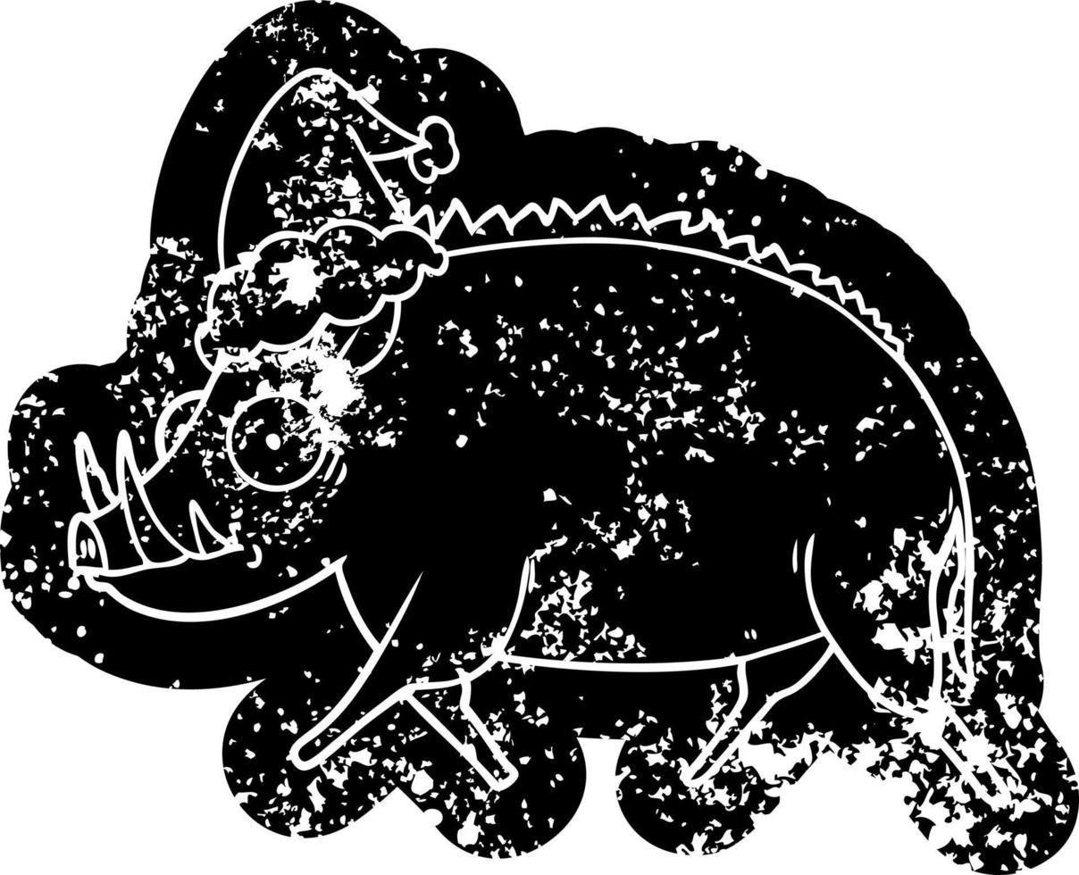 tecknad serie bedrövad ikon av en vild vildsvin bär santa hatt vektor