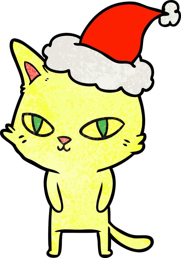 texturerad tecknad serie av en katt med ljus ögon bär santa hatt vektor