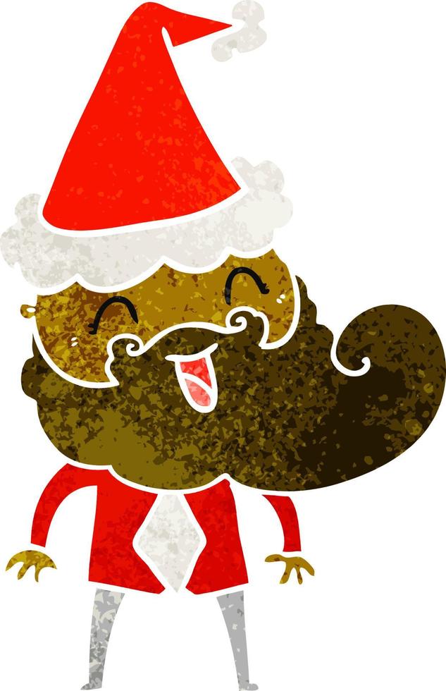 hand gezeichneter retro-cartoon eines glücklichen bärtigen mannes mit weihnachtsmütze vektor