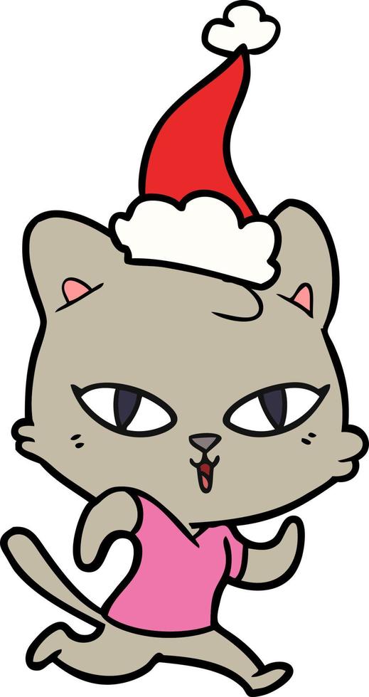 Strichzeichnung einer Katze, die mit Weihnachtsmütze läuft vektor