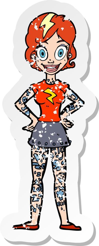 retro bedrövad klistermärke av en tecknad serie kvinna med tung tatueringar vektor