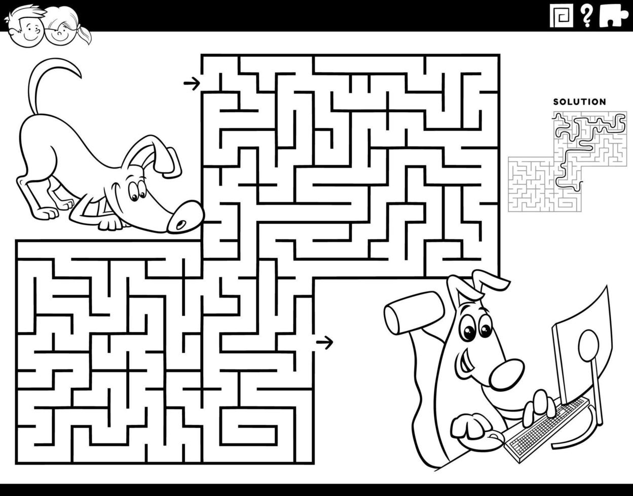 labyrinth mit hund, der computerspiele spielt, farbseite vektor