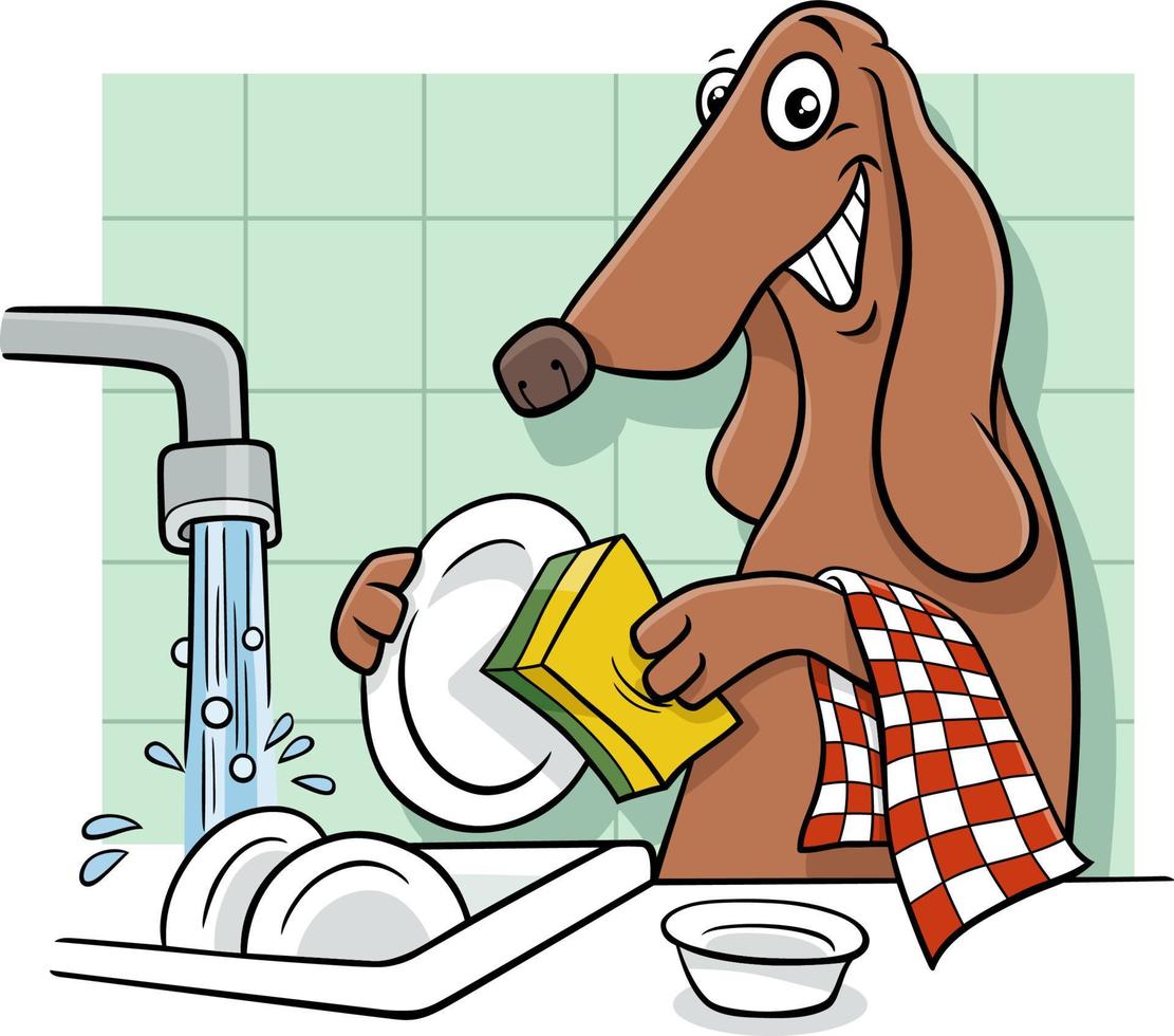 tecknad serie hund djur- karaktär tvättning maträtter vektor