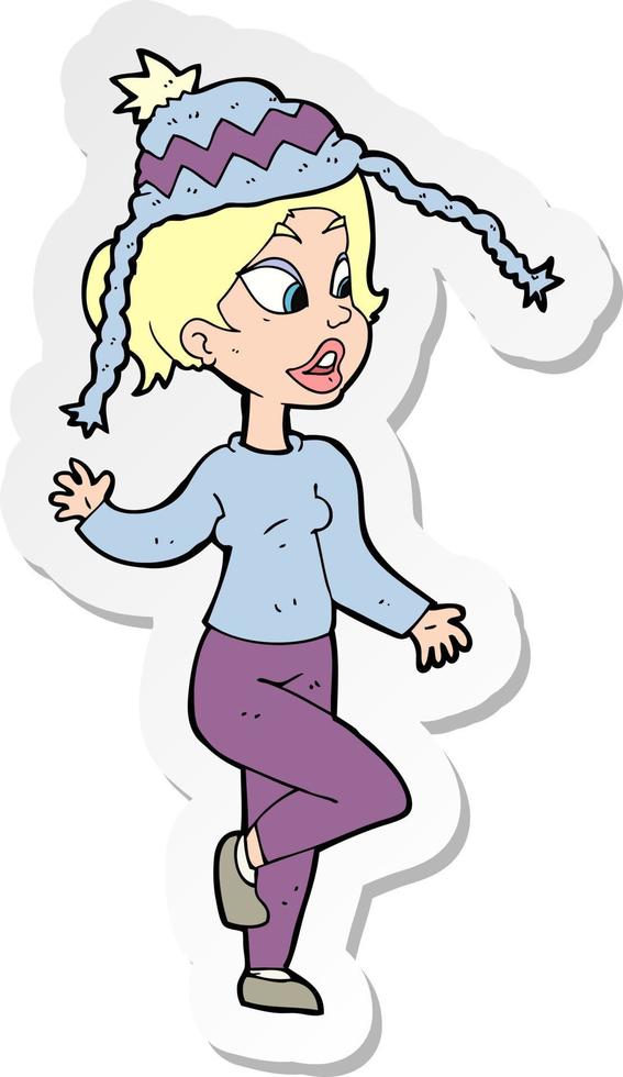 klistermärke av en tecknad serie kvinna i stickat hatt vektor