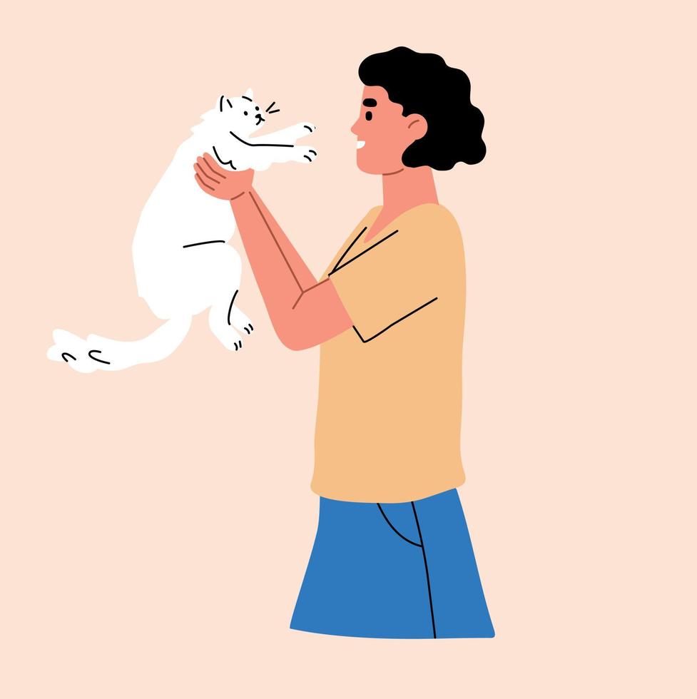 Frau, die weiße, pelzige, flauschige Katze hält. Katzenbesitzer. flache vektorillustration der haustierkarikatur. vektor