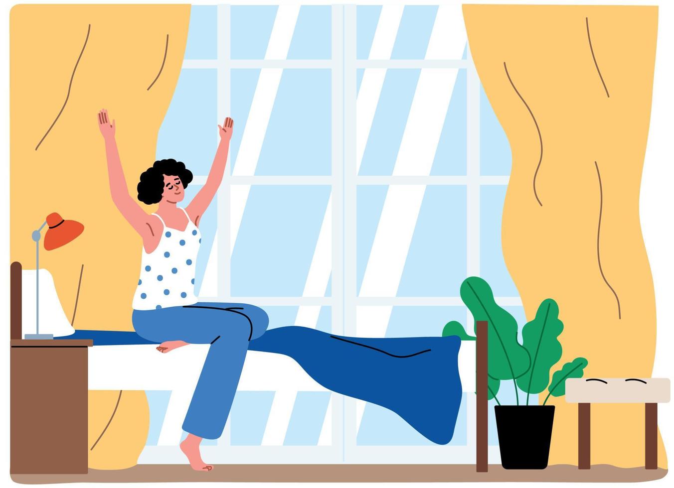ung kvinna vakna upp, stretching på de säng. morgon- tid. dagligen rutin. platt vektor illustration, tecknad serie