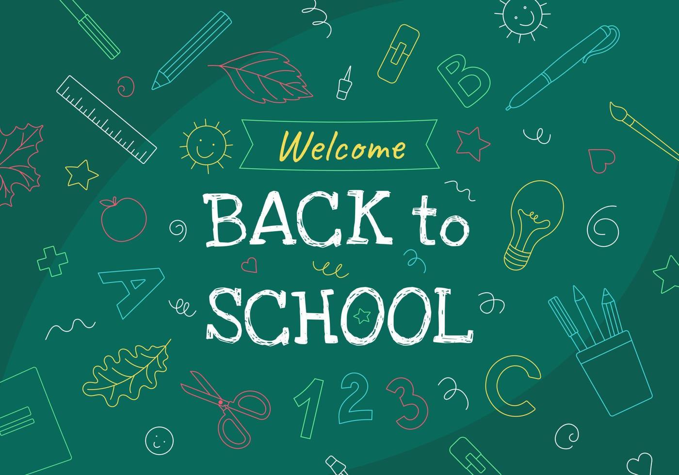 Välkommen tillbaka till skola text dragen i färgrik krita på en svarta tavlan med skola ämnen och element. baner med vektor illustration.