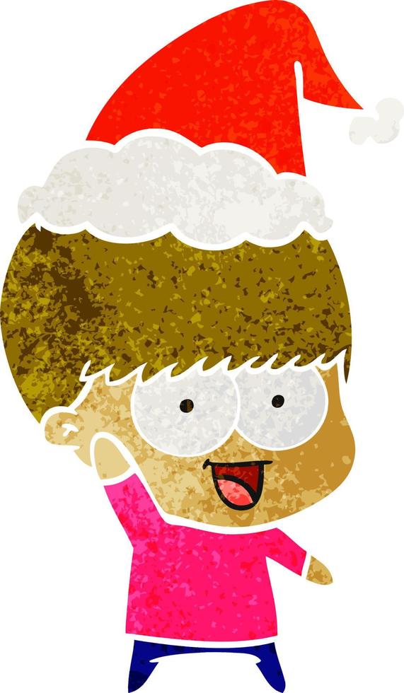 Fröhlicher Retro-Cartoon eines Jungen, der mit Weihnachtsmütze winkt vektor