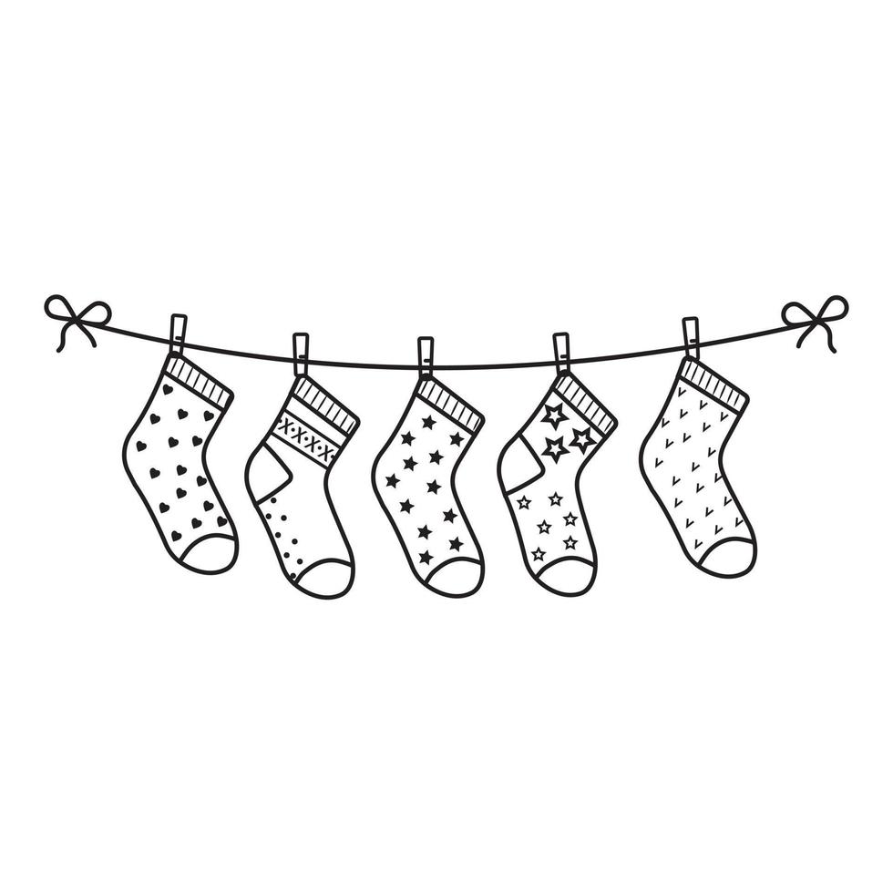 Kindersocken an einem Seil, schwarzer Umriss, Vektorillustration vektor