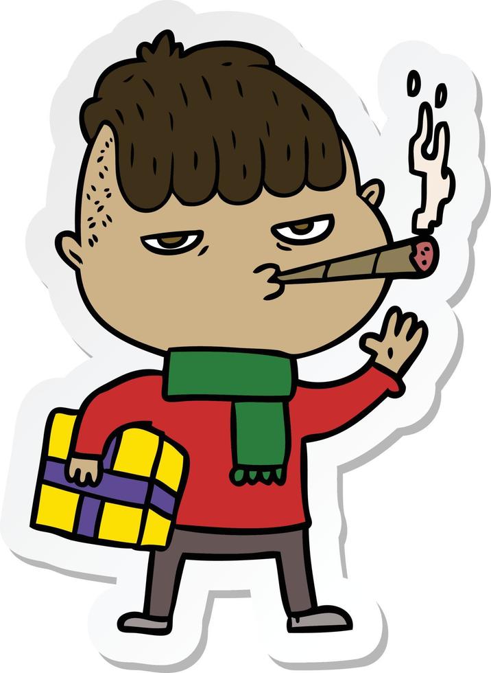 klistermärke av en tecknad serie man rökning bärande jul gåva vektor