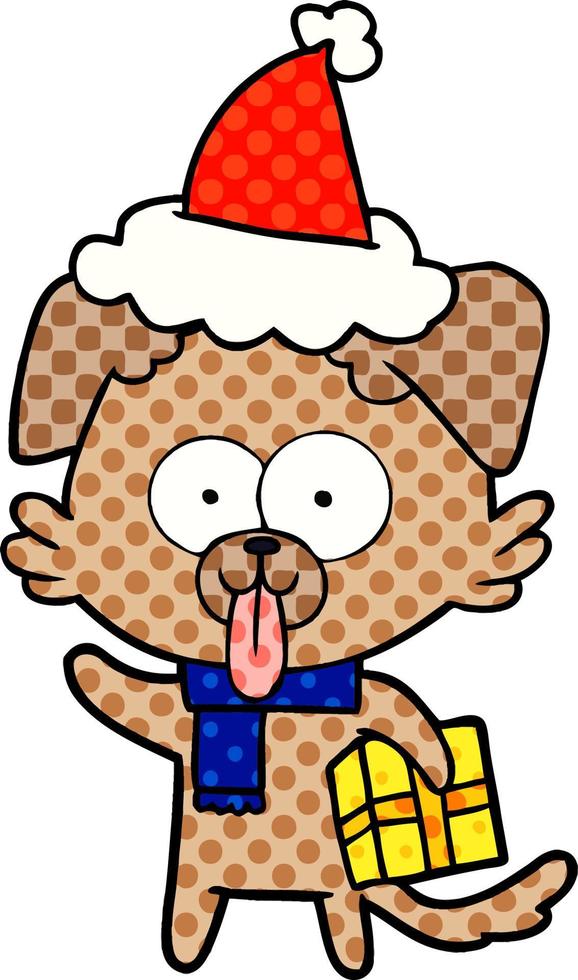 Comic-Stil Illustration eines Hundes mit Weihnachtsgeschenk mit Weihnachtsmütze vektor