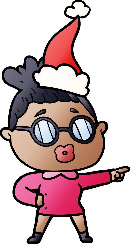 Steigungskarikatur einer zeigenden Frau, die eine Brille mit Weihnachtsmütze trägt vektor