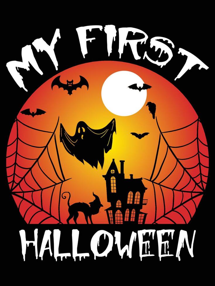 min först halloween - bäst halloween t-shirt design mall. pumpa, natt, måne, häxa, mask. natt bakgrund t-shirt för skriva ut. vektor