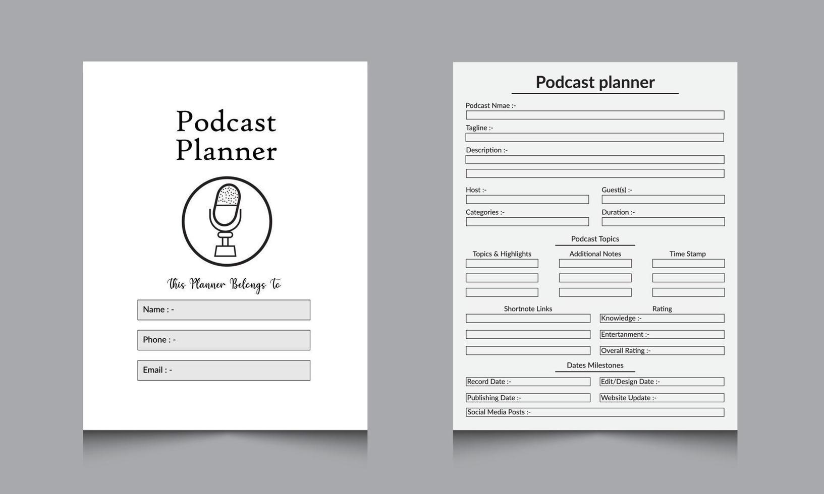 Podcast-Planer-Journal. regelmäßiger Podcast-Informations-Tracker und Show-Management-Notebook-Vorlagen-Vektordesign vektor