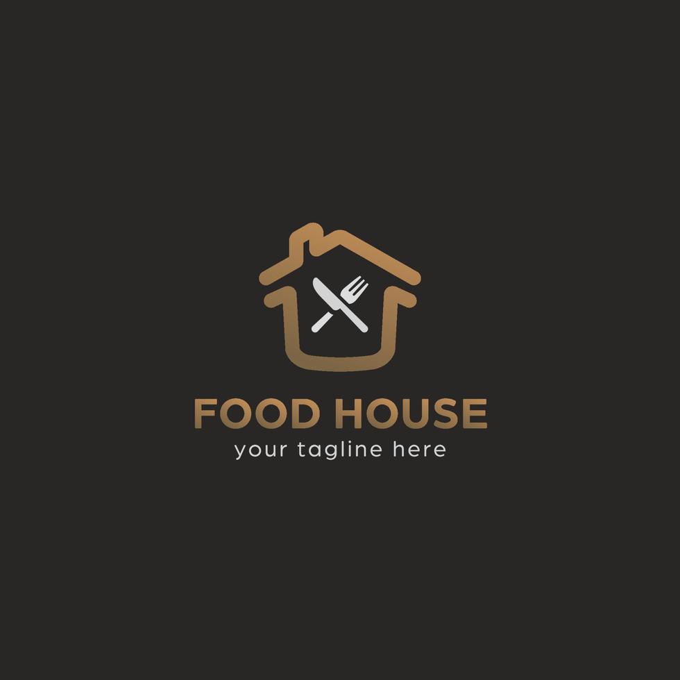 premie mat hus logotyp med hus Hem, gaffel och kniv symbol i guld elegant premie stil Färg vektor