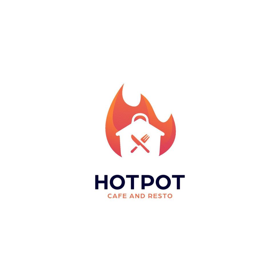 varm kryddad matlagning pott logotyp för Kafé, restaurang, eller catering med brand flamma ikon vektor illustration