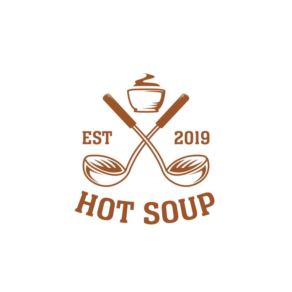 årgång varm soto soppa logotyp med korsade soppa paddla slev och stor varm skål illustration ikon vektor