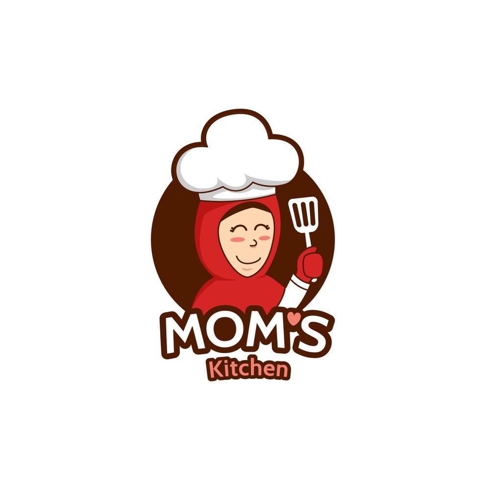 mamma mamma kök logotyp med kvinna muslim mor maskot karaktär illustration innehav spatel bär hijab vektor