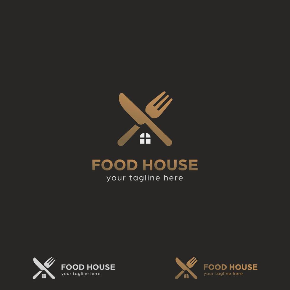 Premium Gold Food House Home Catering Restaurant Bistro-Logo mit gekreuztem Messer und Gabel mit Home-Fenster-Symbol-Symbolform vektor