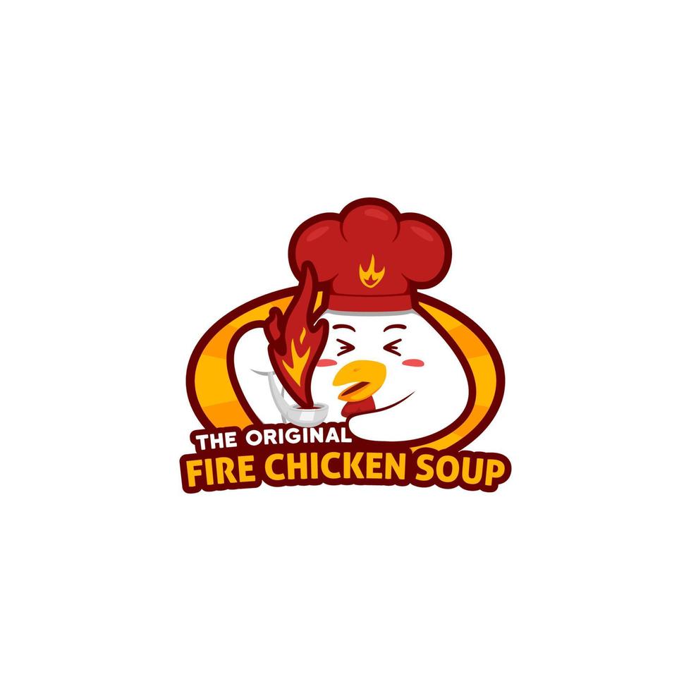 Chili Hot Chicken Soup Logo mit niedlichem Hühnerkoch, der Schöpfkelle mit Feuerflammensuppenillustration hält vektor