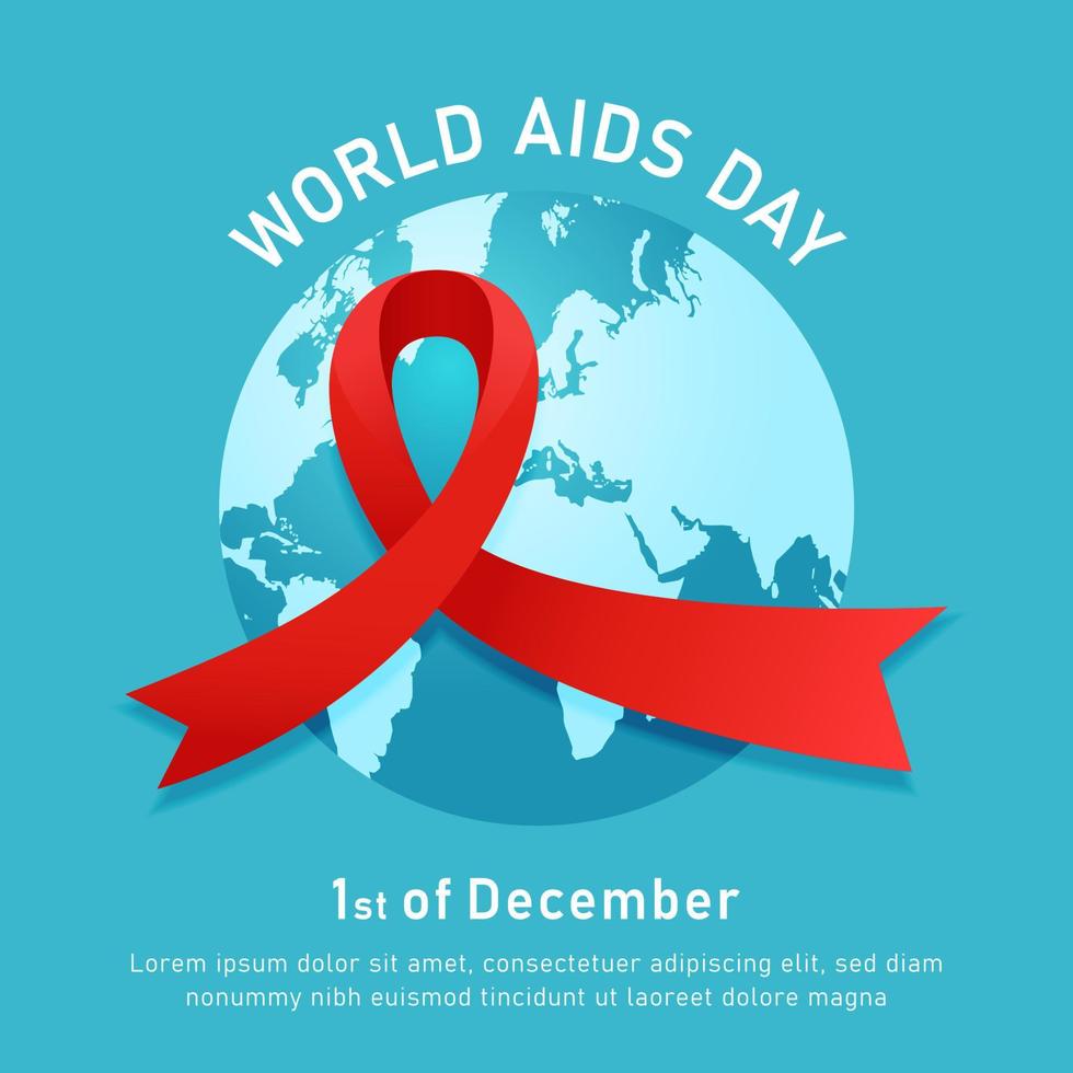 värld AIDS HIV dag händelse affisch med röd band symbol och blå runda värld Karta vektor illustration bakgrund