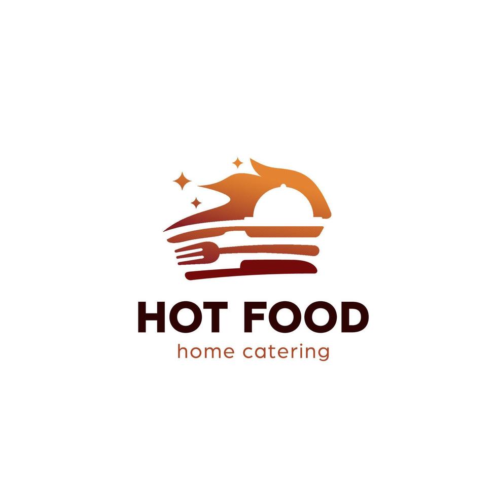 Hot Kitchen Grill Food Catering Restaurant Logo mit Flammenfeuer, Cloche Tellerabdeckung, Gabel, Messer und Bratpfanne Symbol Symbol Illustration vektor