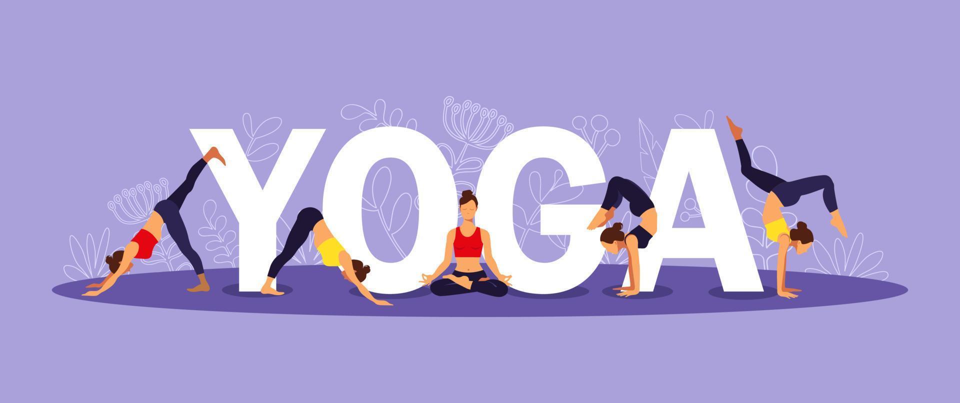 internationella yogadagen. yoga kroppsställningar. grupp av kvinna som utövar yoga. vektor