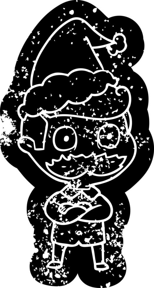 cartoon verzweifelte ikone eines mannes mit schnurrbart schockiert mit weihnachtsmütze vektor