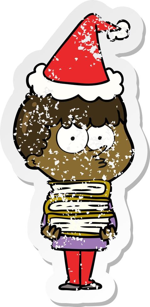 Distressed Sticker Cartoon eines neugierigen Jungen mit vielen Büchern mit Weihnachtsmütze vektor