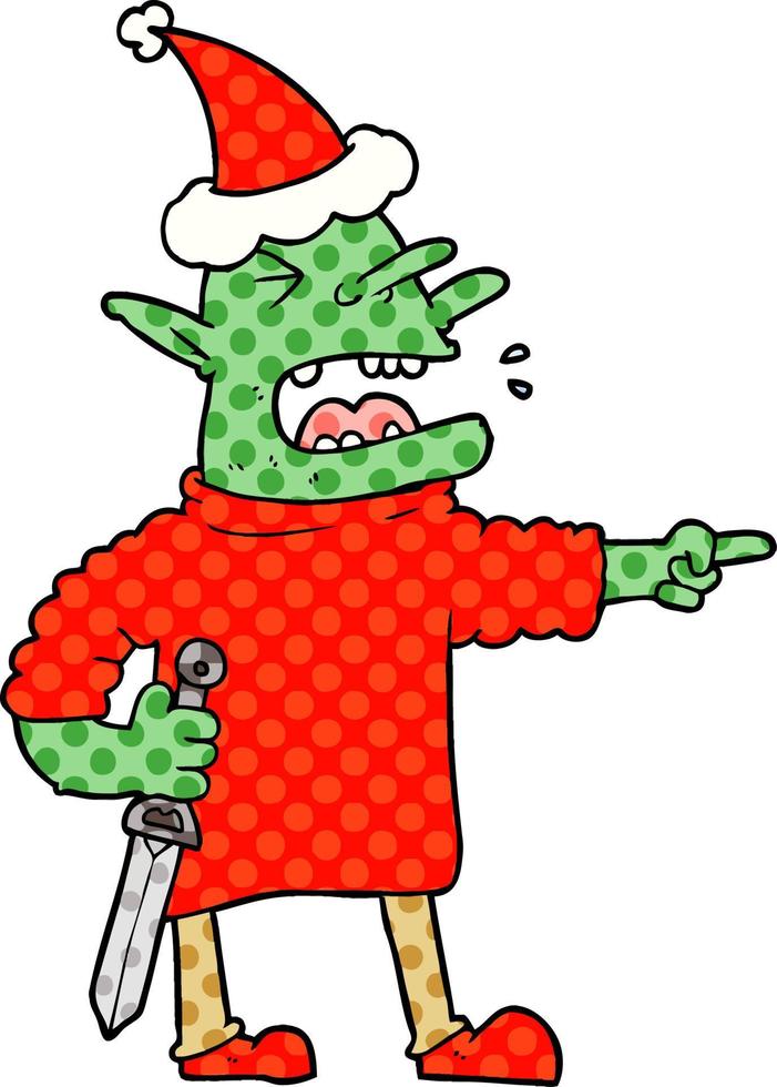 Comic-Stil-Illustration eines Kobolds mit Messer mit Weihnachtsmütze vektor