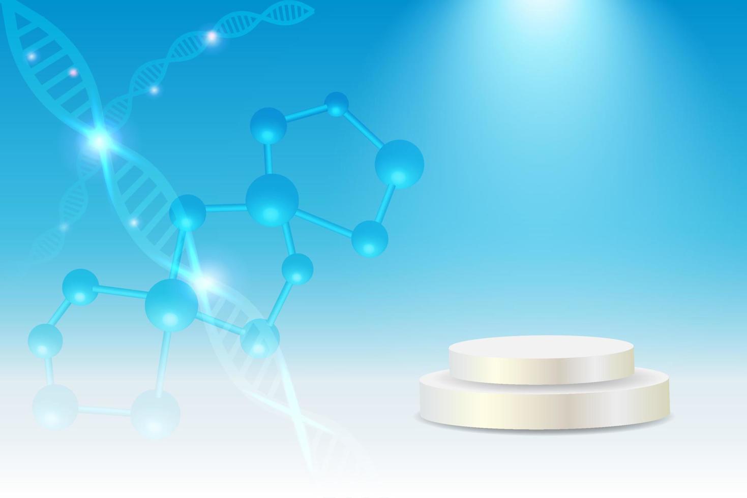 dna-molekülstruktur mit podium verbinden sich mit dem 3d-molekularen chromosomengen. produktanzeigehintergrund für biotechnologie, medizinische wissenschaft, genetische chemie und schönheitskosmetik. vektor