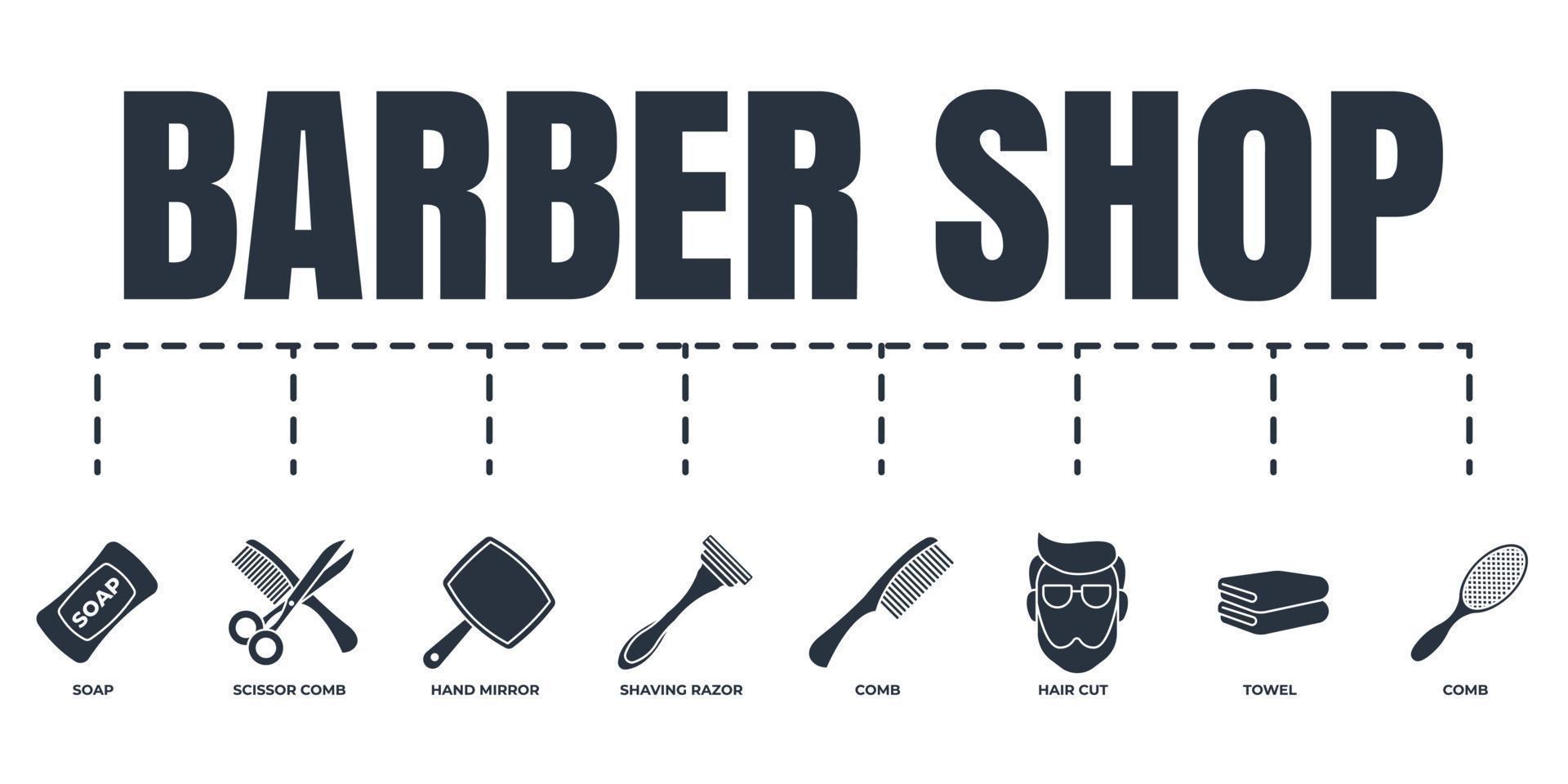 barberare affär baner webb ikon uppsättning. hårkam, scissor och hårkam, rakning rakapparat, tvål, handduk, hand spegel, hår skära vektor illustration begrepp.