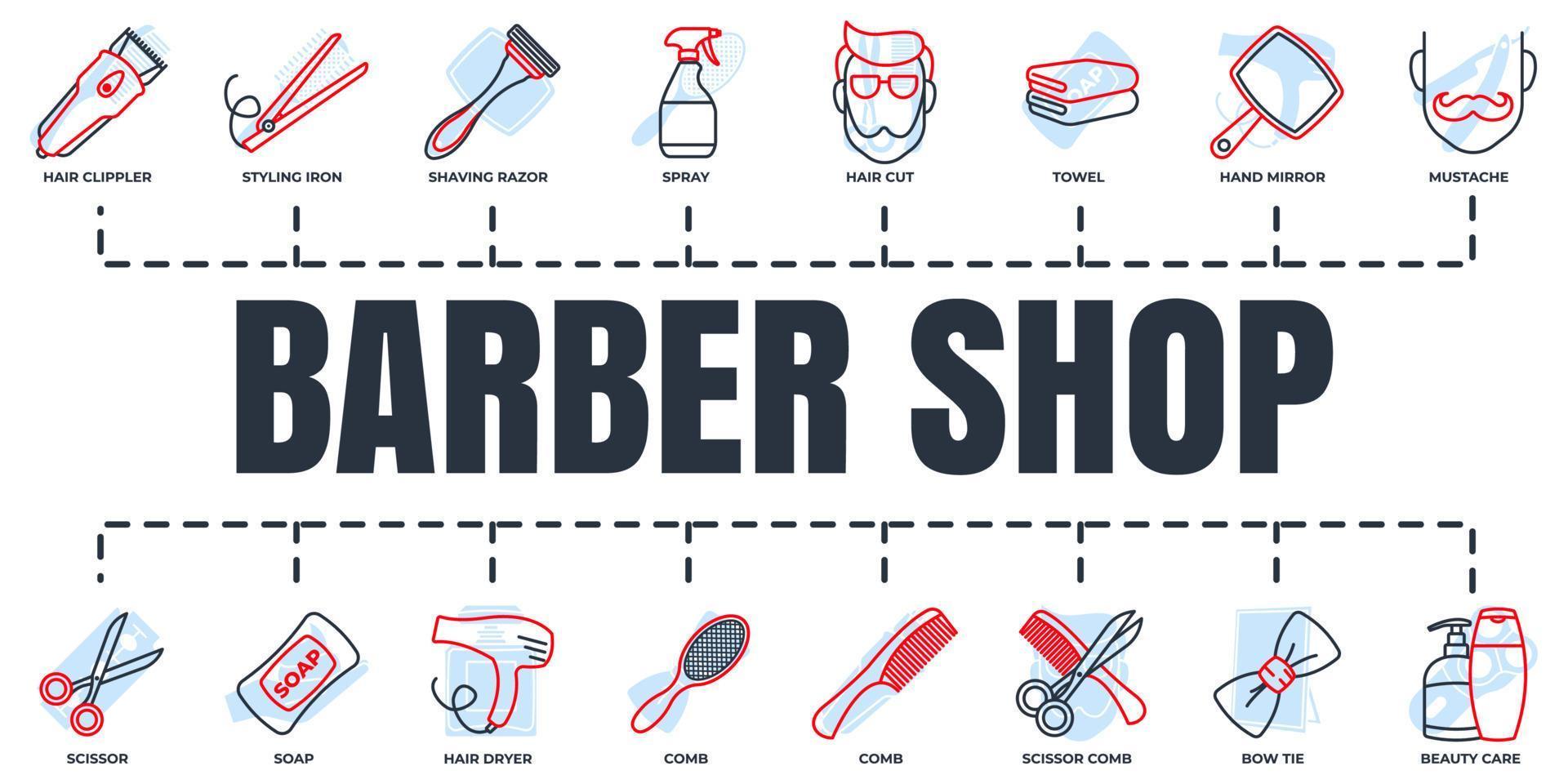 barberare affär baner webb ikon uppsättning. rakning rakapparat, tvål, handduk, mustasch, sax, hår torktumlare och Mer vektor illustration begrepp.